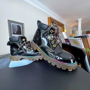 Kids Black Doc Maryens Boots with Rainbow Laces
